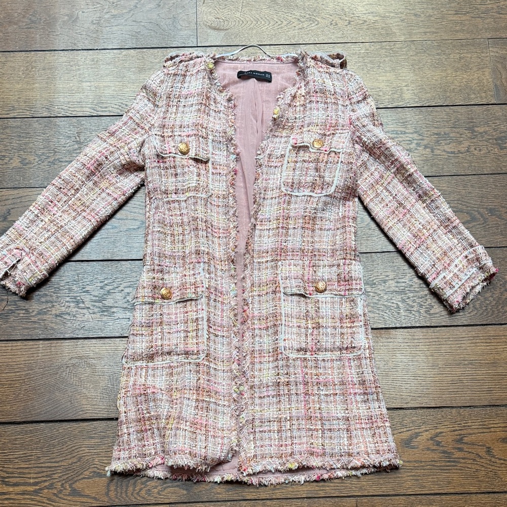 Zara Women's Pink Tweed Coat light weight XS